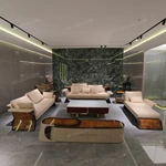 Warm Sand Leather Sofa Set with Natural Burl Wood Veneer, Polished Stainless Steel Trim & Fluid Curved Silhouette